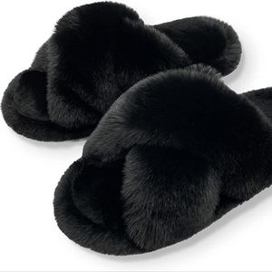 Memory Foam Cross Band Faux Fur Fuzzy Cozy Anti-Skid Slippers